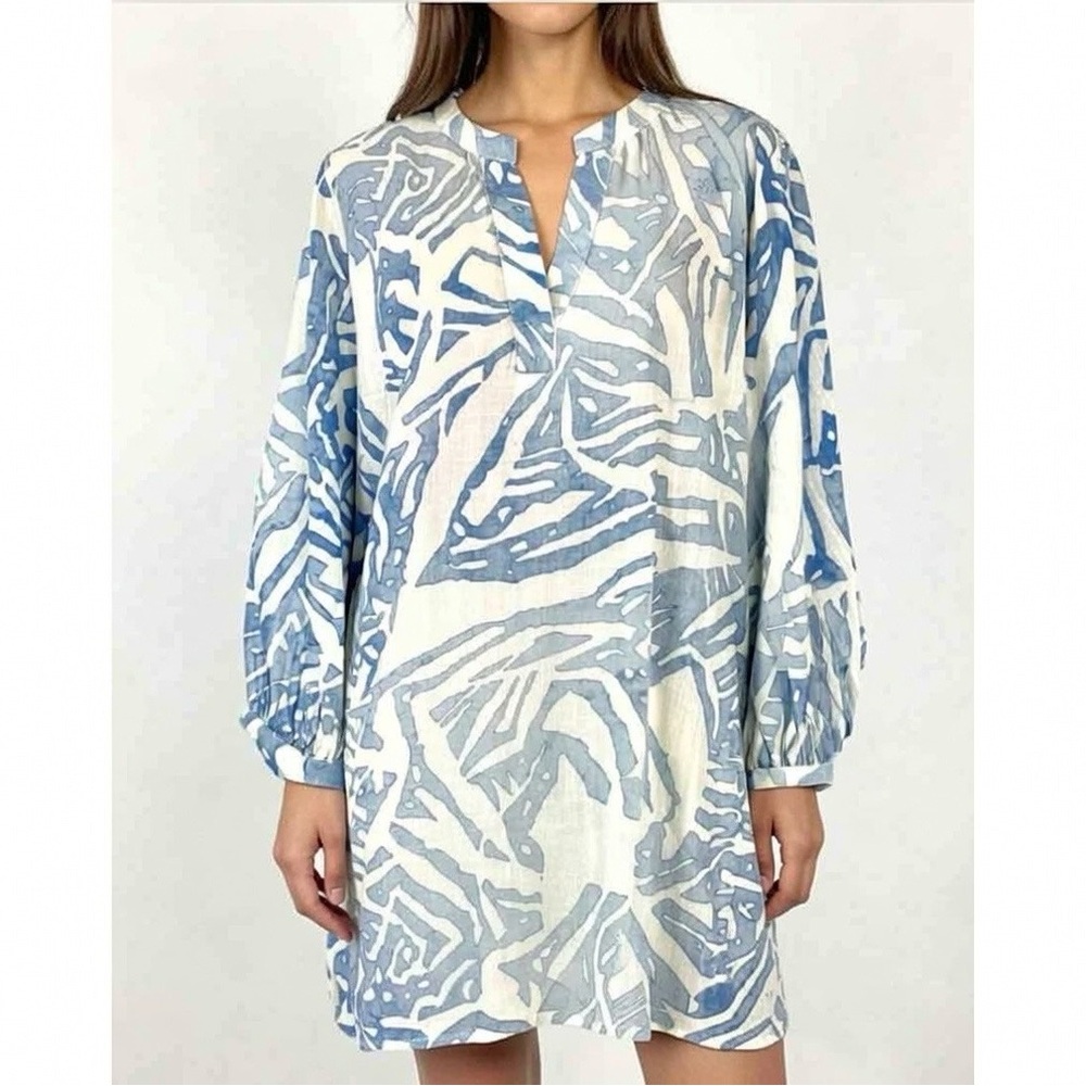 H&M Blue and White Linen/Cotton Blend Patterned Tunic/dress womens size S